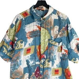 BTX USA Vintage Art Print Shirt Men’s XL Short Sleeve Abstract Colorful Button‎